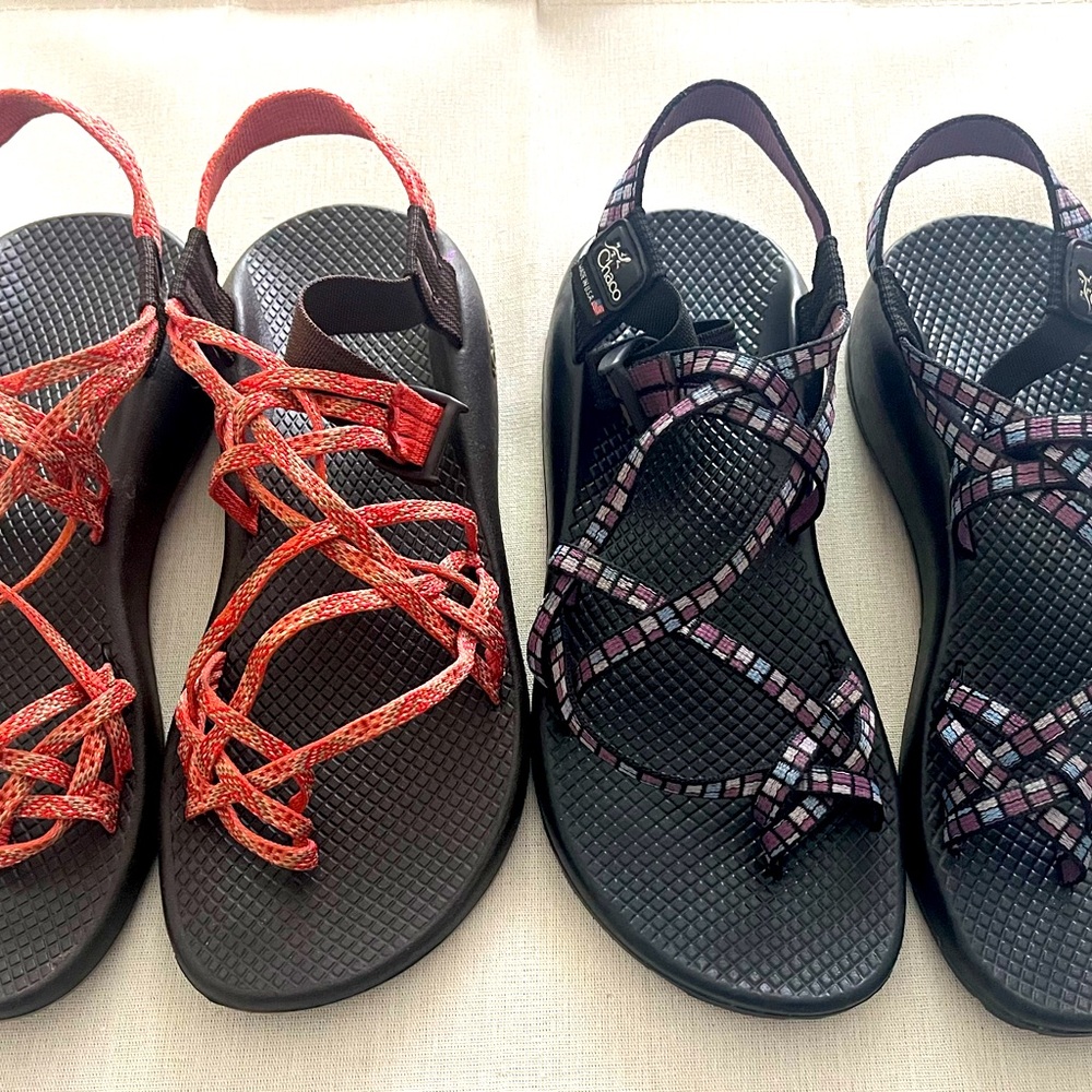 Womens Chaco Duo Pair Size US 10, great shape, orange & purple Geo print